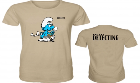 Pískové tričko s detektorářským šmoulou a nápisem na zádech metel detecting